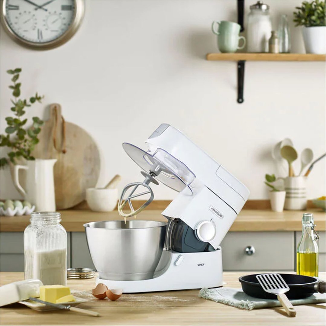 KENWOOD Chef food mixer with bowl and ingredients on a kitchen counter