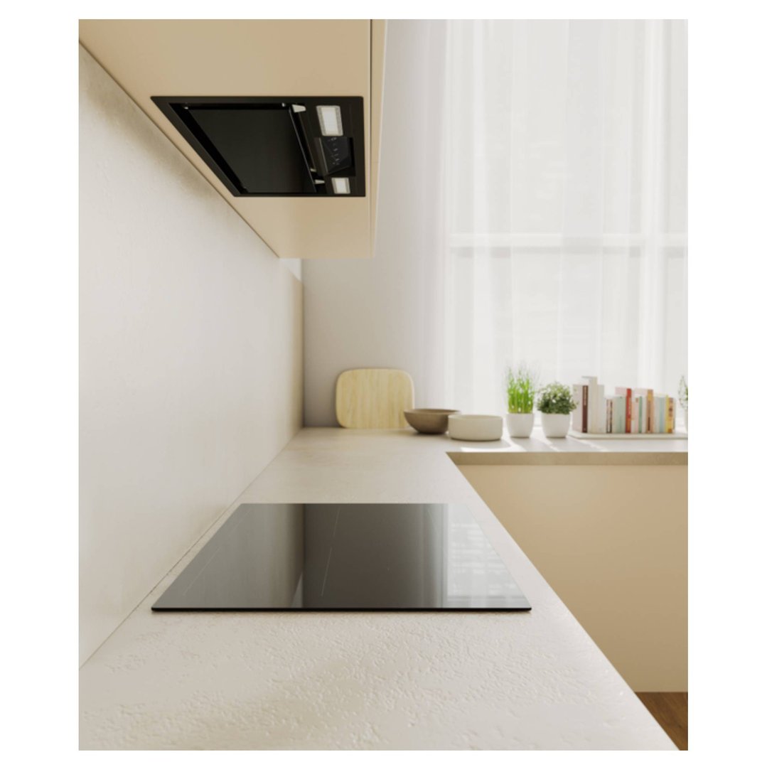 Integrated rangehood above a cooktop in a modern kitchen with window and decor