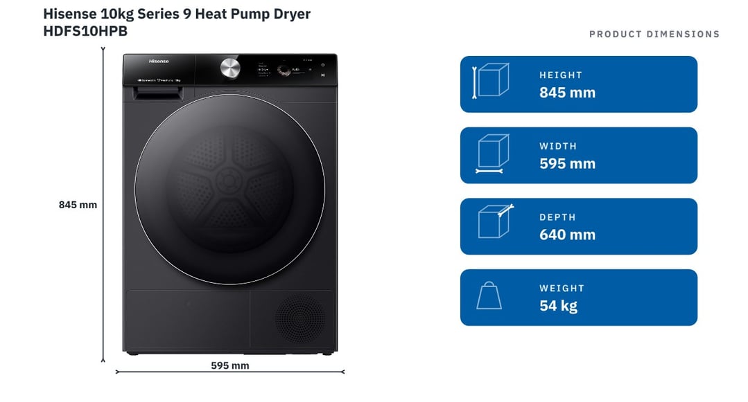 Hisense 10kg Series 9 Heat Pump Dryer HDFS10HPB — product dimensions