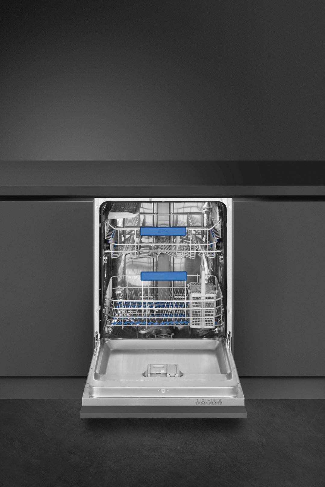 Open stainless steel dishwasher integrated into dark grey kitchen cabinetry