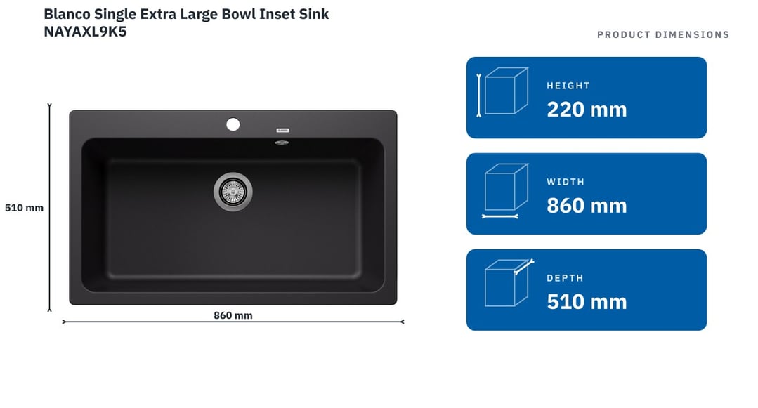 Blanco Single Extra Large Bowl Inset Sink NAYAXL9K5 — product dimensions