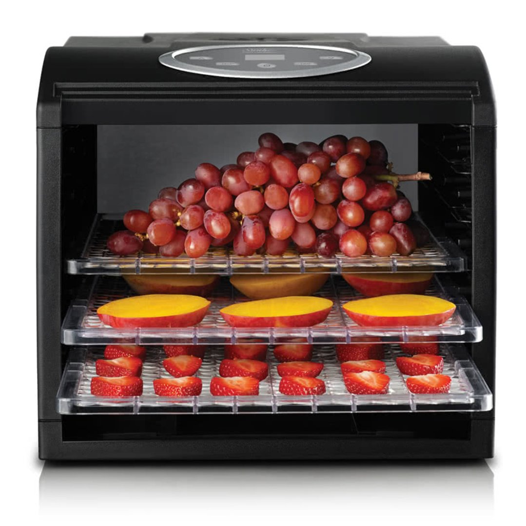 Black Food Lab Electronic Dehydrator with grapes, mangoes, and strawberries on trays