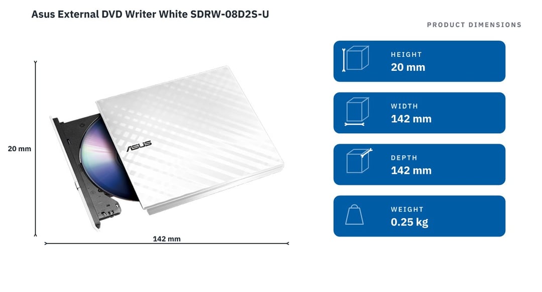 Asus External DVD Writer White SDRW-08D2S-U — product dimensions