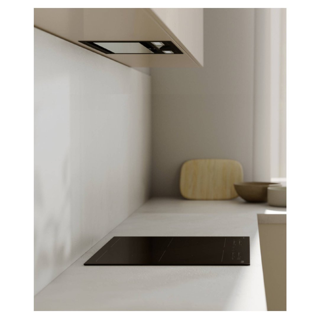 Integrated insert rangehood and cooktop in a modern kitchen setting