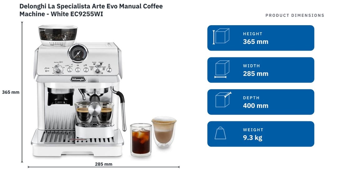 Delonghi La Specialista Arte Evo Manual Coffee Machine - White EC9255WI — product dimensions