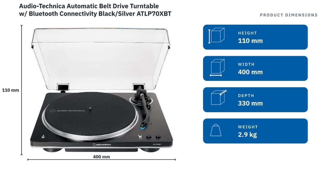 Audio-Technica Automatic Belt Drive Turntable w/ Bluetooth Connectivity Black/Silver ATLP70XBTBS — product dimensions