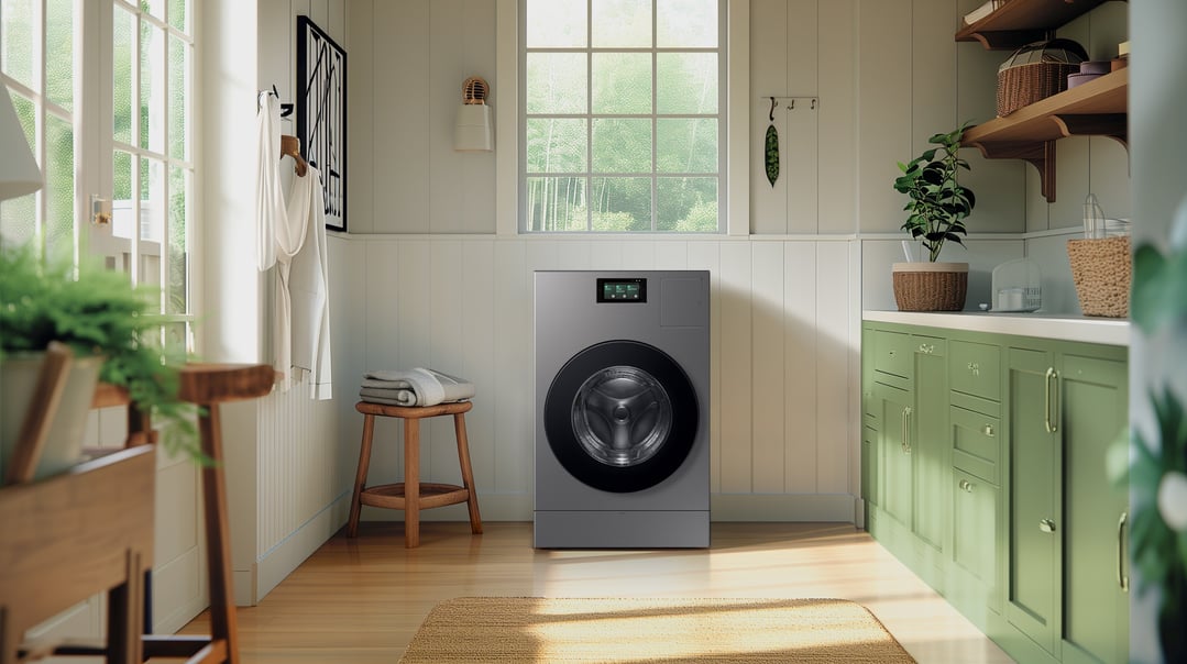AI Heat Pump Washer Dryer Combo in a bright laundry room