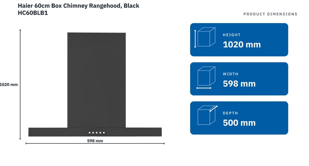 Haier 60cm Box Chimney Rangehood, Black HC60BLB1 — product dimensions