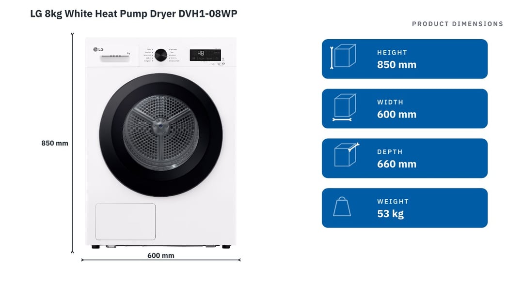 LG 8kg White Heat Pump Dryer DVH1-08WP — product dimensions