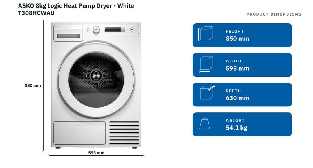 ASKO 8kg Logic Heat Pump Dryer - White T308HCWAU — product dimensions