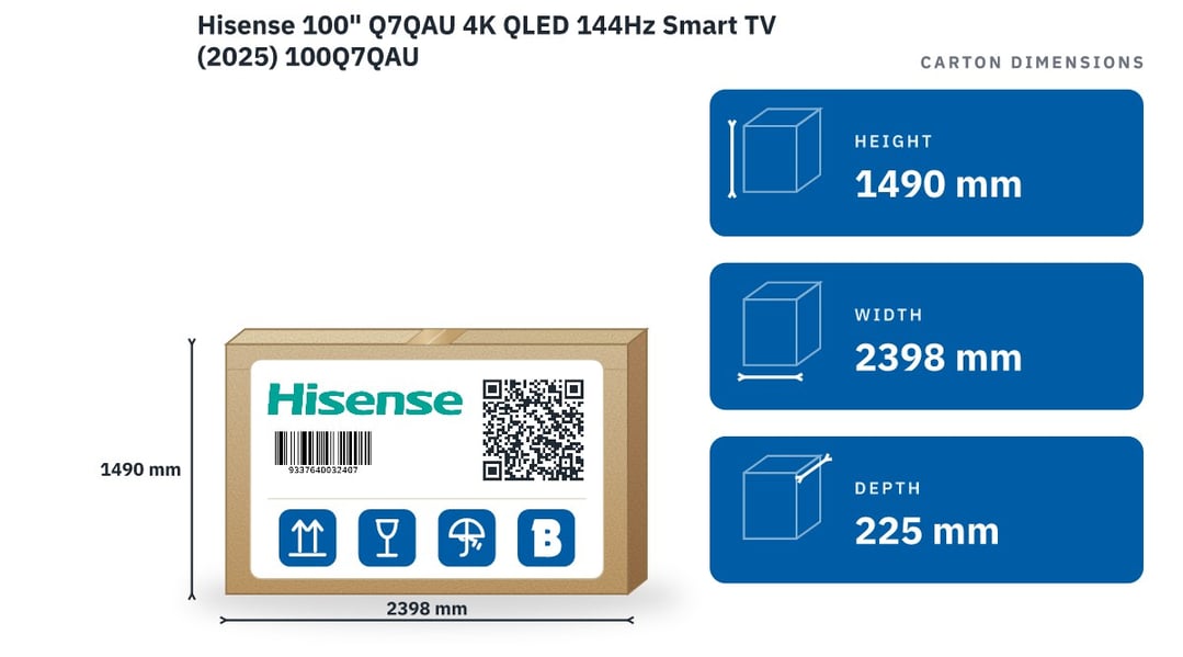 Hisense 100" Q7QAU 4K QLED 144Hz Smart TV (2025) 100Q7QAU — packaged dimensions