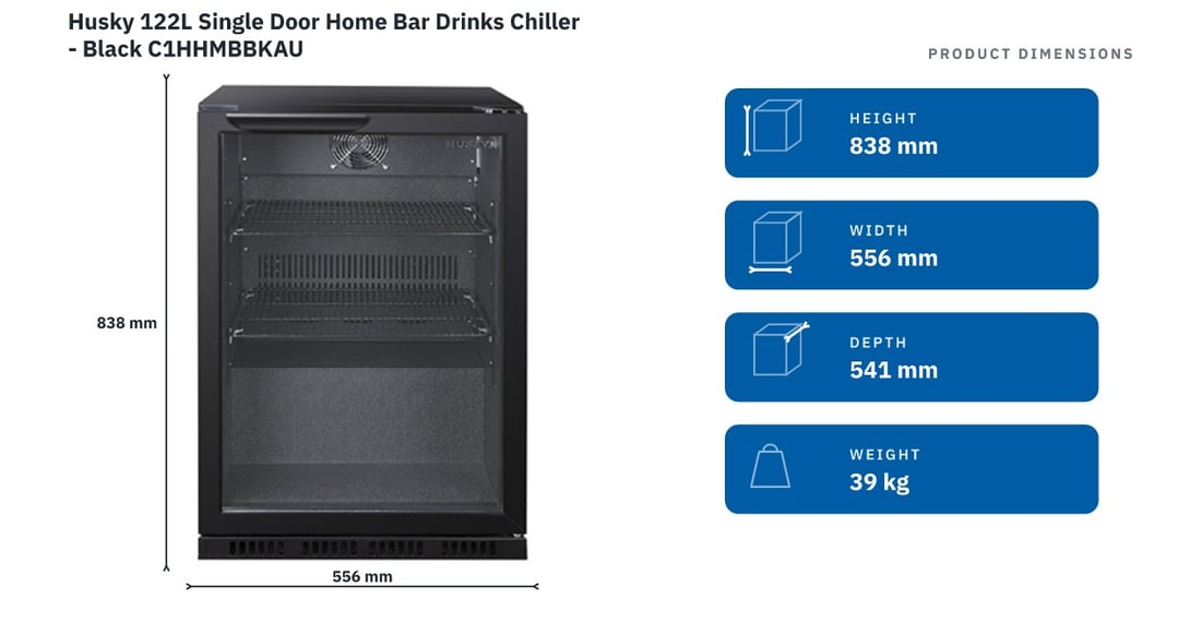 Husky 122L Single Door Home Bar Drinks Chiller - Black C1HHMBBKAU — product dimensions