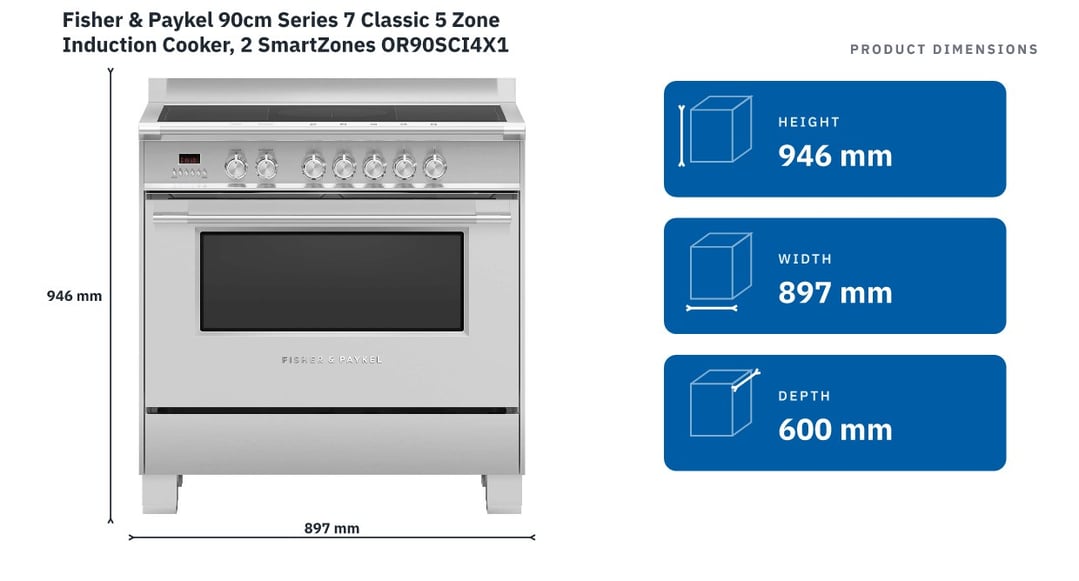 Fisher & Paykel 90cm Series 7 Classic 5 Zone Induction Cooker, 2 SmartZones OR90SCI4X1 — product dimensions