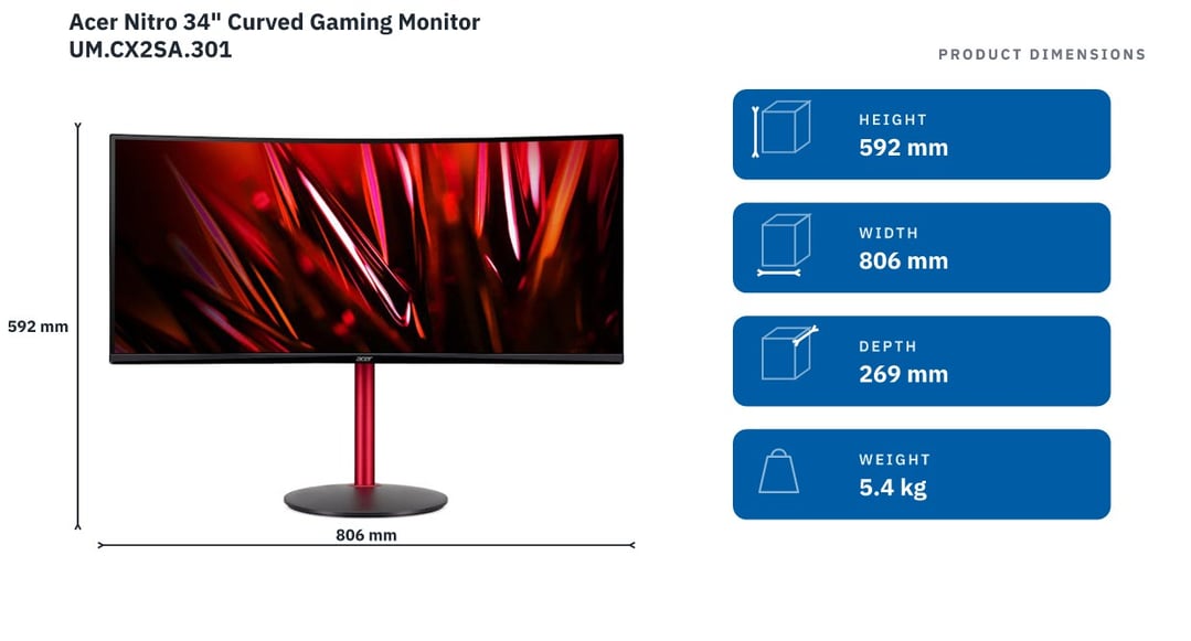 Acer Nitro 34" Curved Gaming Monitor UM.CX2SA.301 — product dimensions