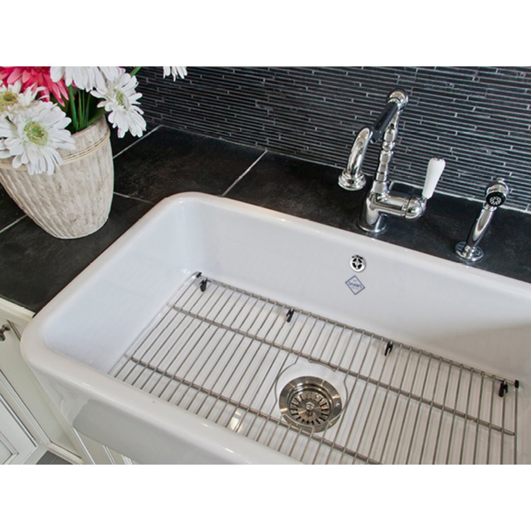 White Butler 800 single bowl sink with grid in a kitchen setting