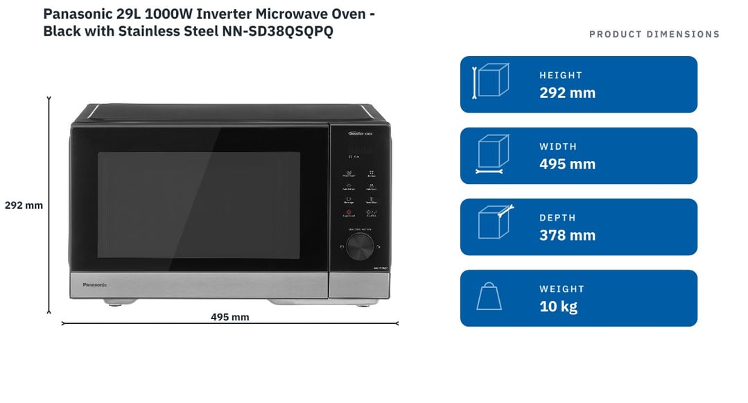 Panasonic 29L 1000W Inverter Microwave Oven - Black with Stainless Steel NN-SD38QSQPQ — product dimensions