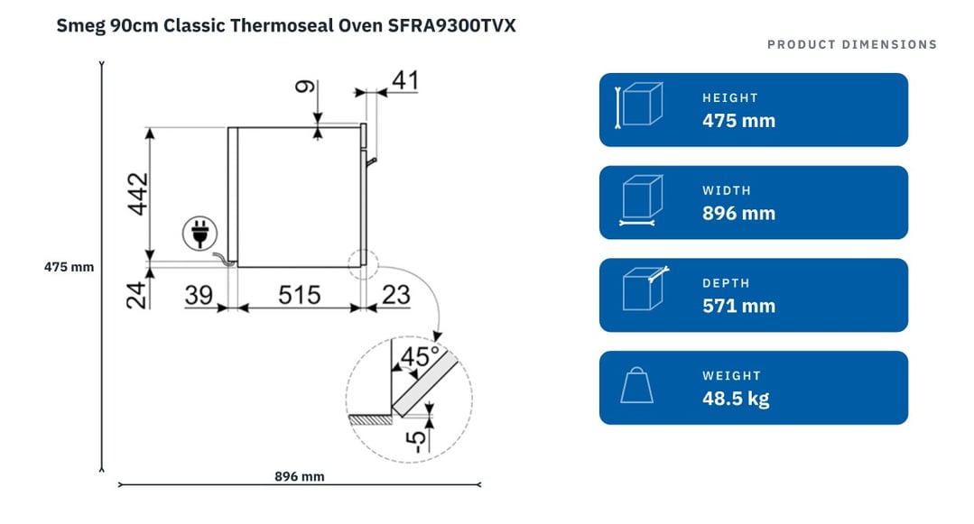 Smeg 90cm Classic Thermoseal Oven SFRA9300TVX — product dimensions