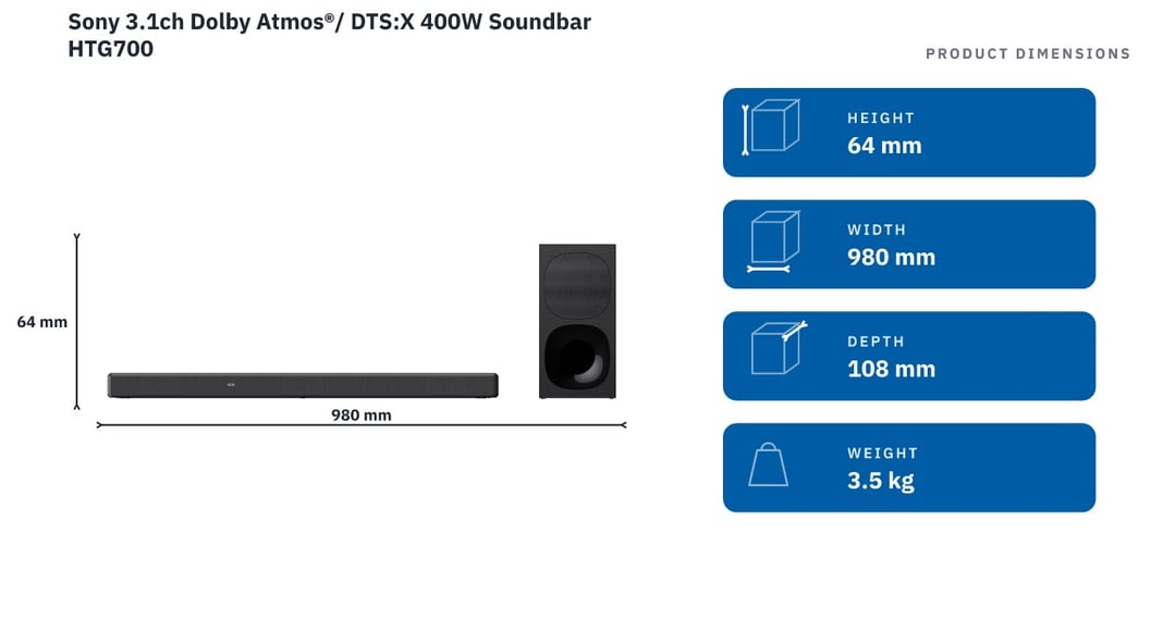 Sony 3.1ch Dolby Atmos®/ DTS:X 400W Soundbar HTG700 — product dimensions