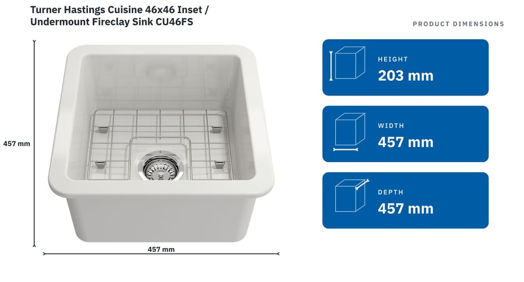 Turner Hastings Cuisine 46x46 Inset / Undermount Fireclay Sink CU46FS — product dimensions