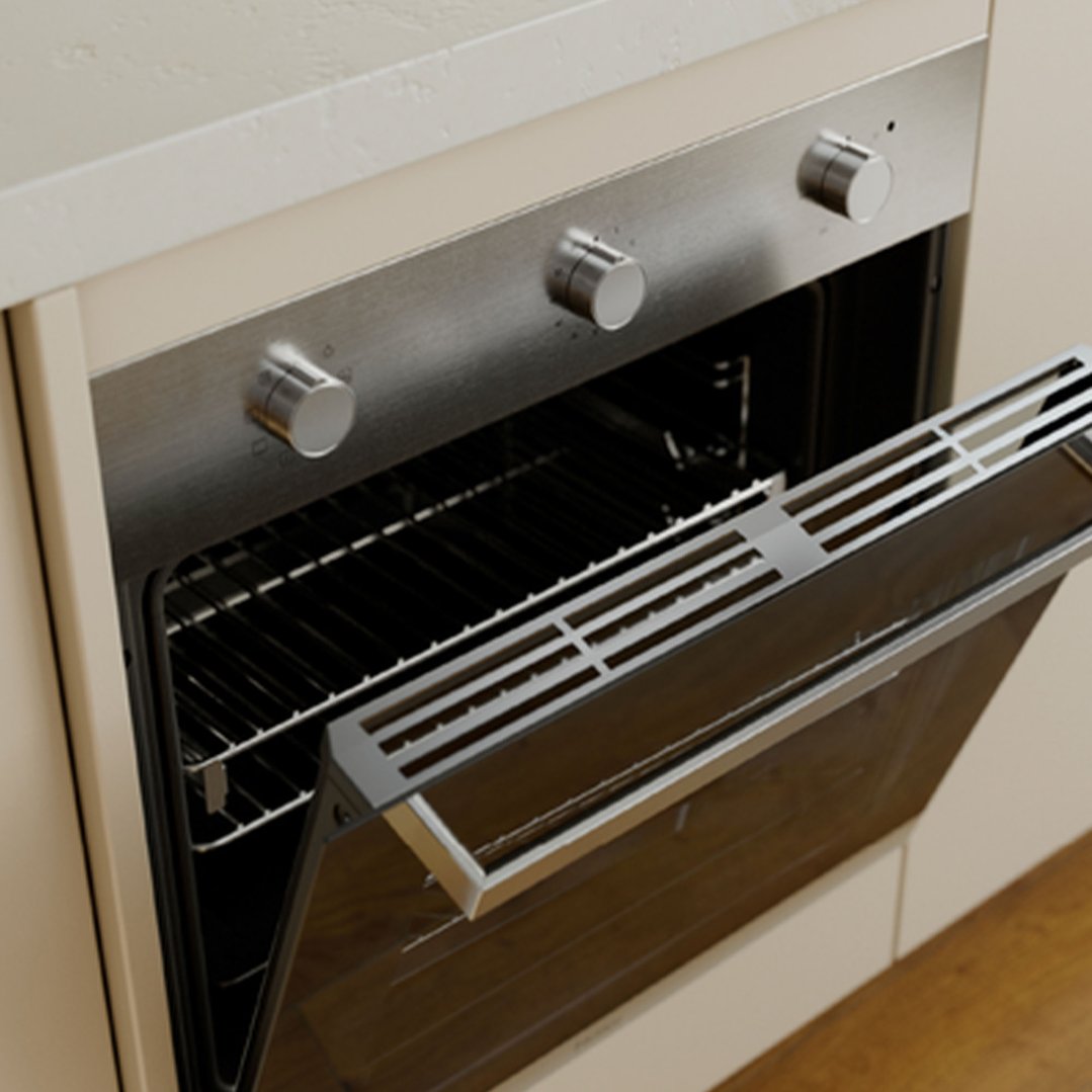 Stainless steel built-in oven with door slightly ajar in a kitchen setting