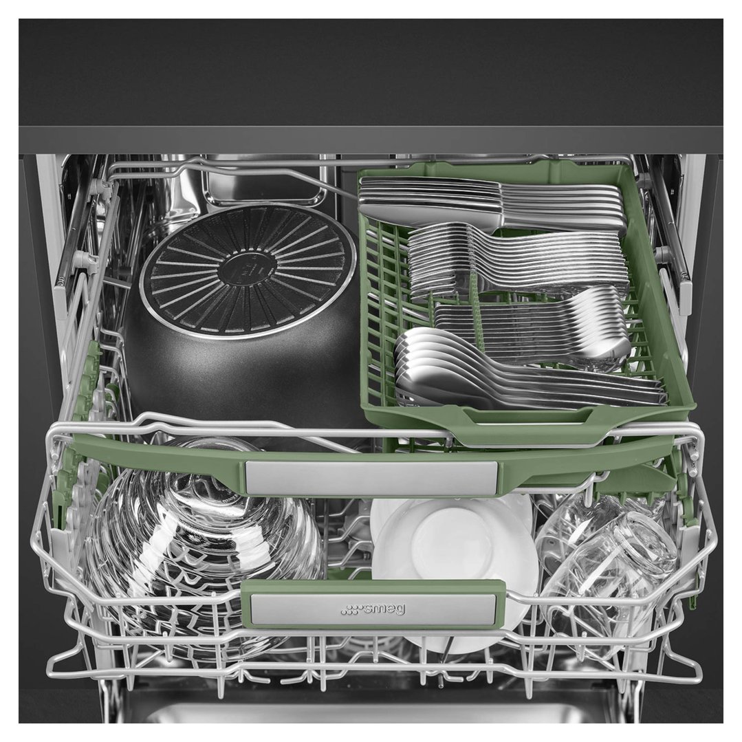 Dishwasher interior with pots, cutlery, glasses, and plates on racks