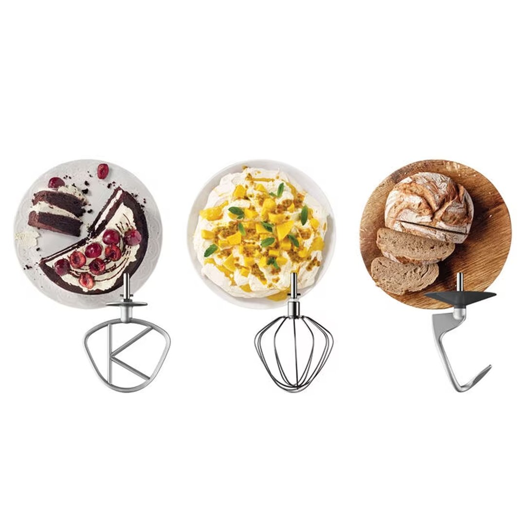 Three mixer attachments with different food preparations on white background