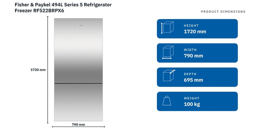 Fisher & Paykel 494L Series 5 Refrigerator Freezer RF522BRPX6 — product dimensions