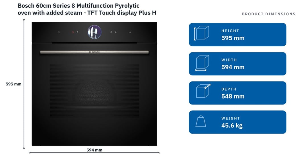 Bosch 60cm Series 8 Multifunction Pyrolytic oven with added steam - TFT Touch display Plus HRG776MB1A