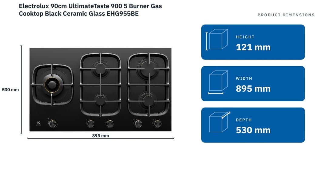 Electrolux 90cm UltimateTaste 900 5 Burner Gas Cooktop Black Ceramic Glass EHG955BE — product dimensions