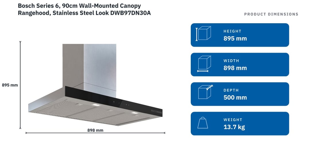 Bosch Series 6, 90cm Wall-Mounted Canopy Rangehood, Stainless Steel Look DWB97DN30A — product dimensions