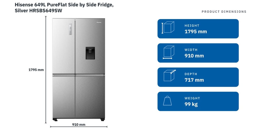 Hisense 649L PureFlat Side by Side Fridge, Silver HRSBS649SW — product dimensions