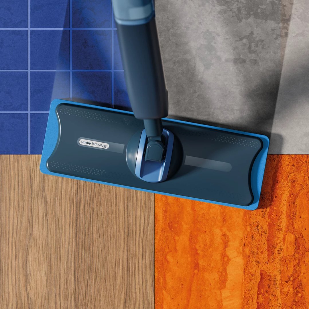 OneUp Electric Mop cleaning four different floor types simultaneously