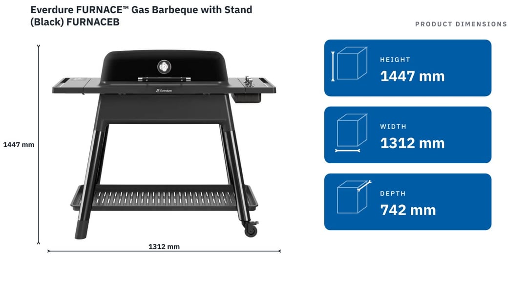 Everdure FURNACE™ Gas Barbeque with Stand (Black) FURNACEB — product dimensions