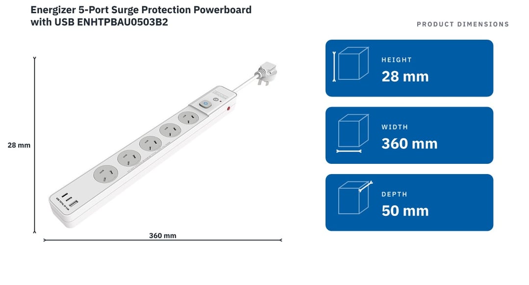 Energizer 5-Port Surge Protection Powerboard with USB ENHTPBAU0503B2 — product dimensions