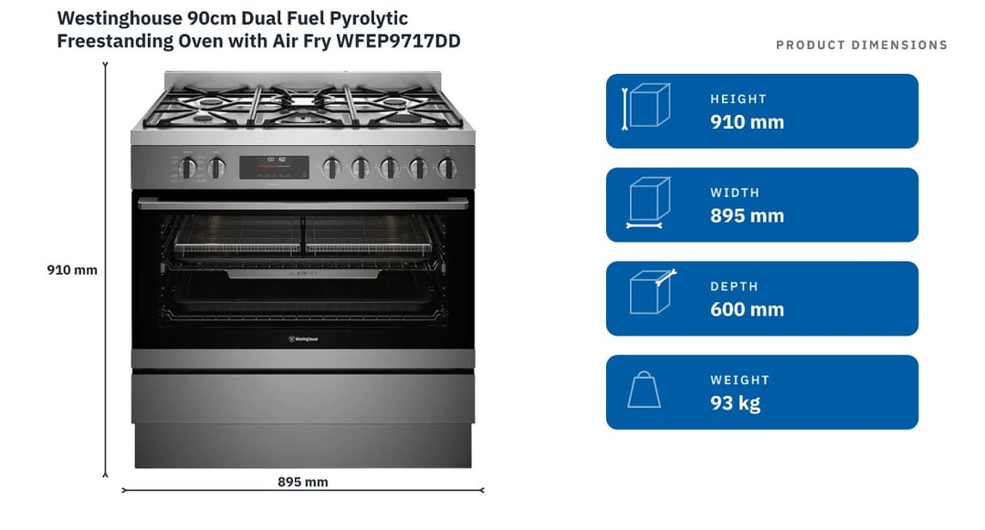 Westinghouse 90cm Dual Fuel Pyrolytic Freestanding Oven with Air Fry WFEP9717DD