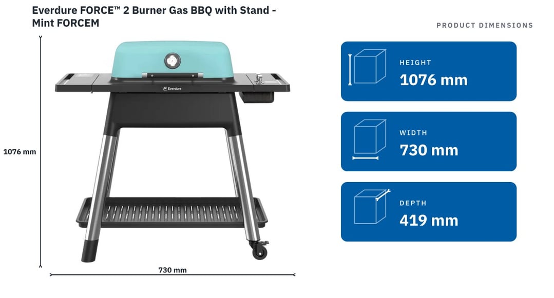 Everdure FORCE™ 2 Burner Gas BBQ with Stand - Mint FORCEM — product dimensions