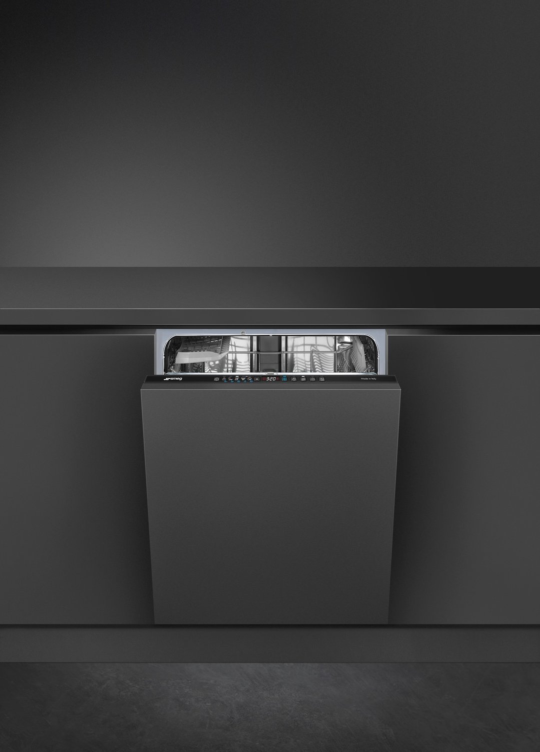 Integrated dishwasher with its door slightly ajar, showing the interior racks