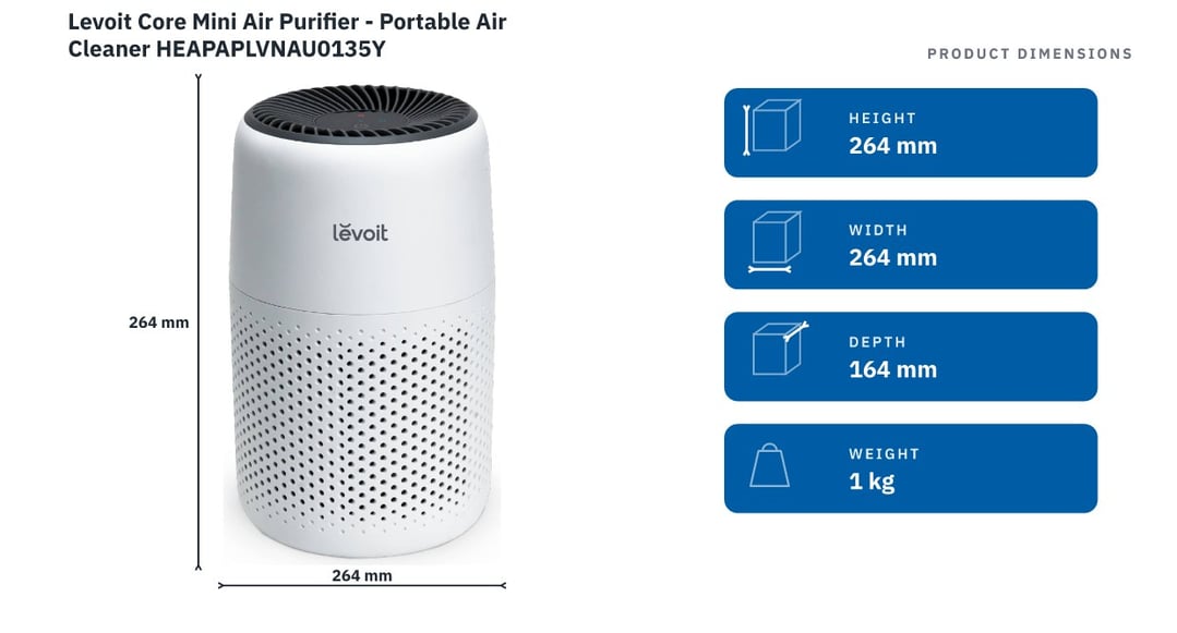 Levoit Core Mini Air Purifier - Portable Air Cleaner HEAPAPLVNAU0135Y — product dimensions