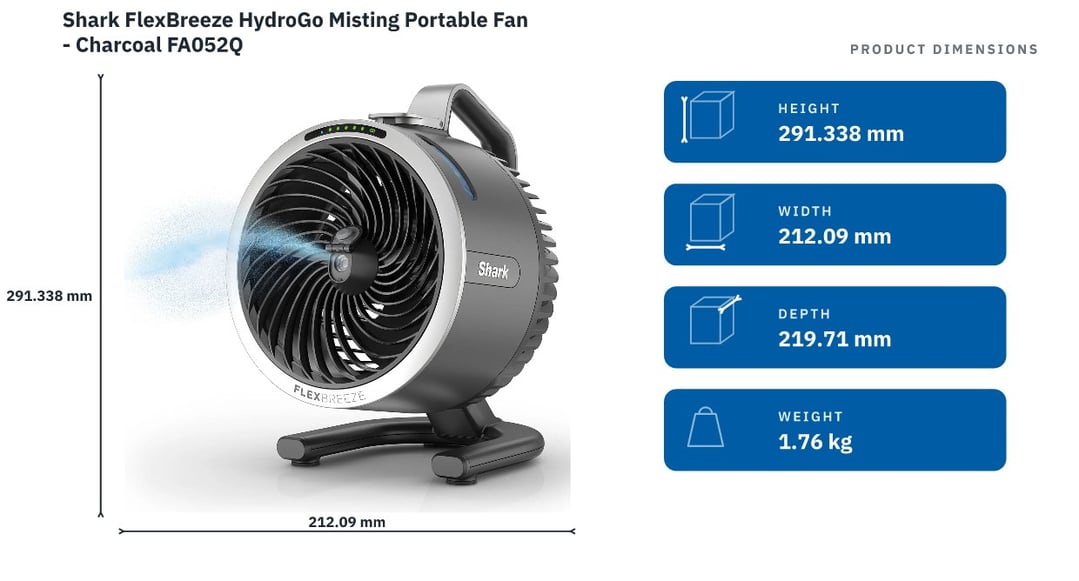 Shark FlexBreeze HydroGo Misting Portable Fan - Charcoal FA052Q — product dimensions