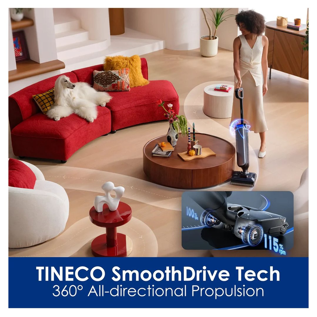 Woman using a Tineco vacuum cleaner in a modern living room with a dog