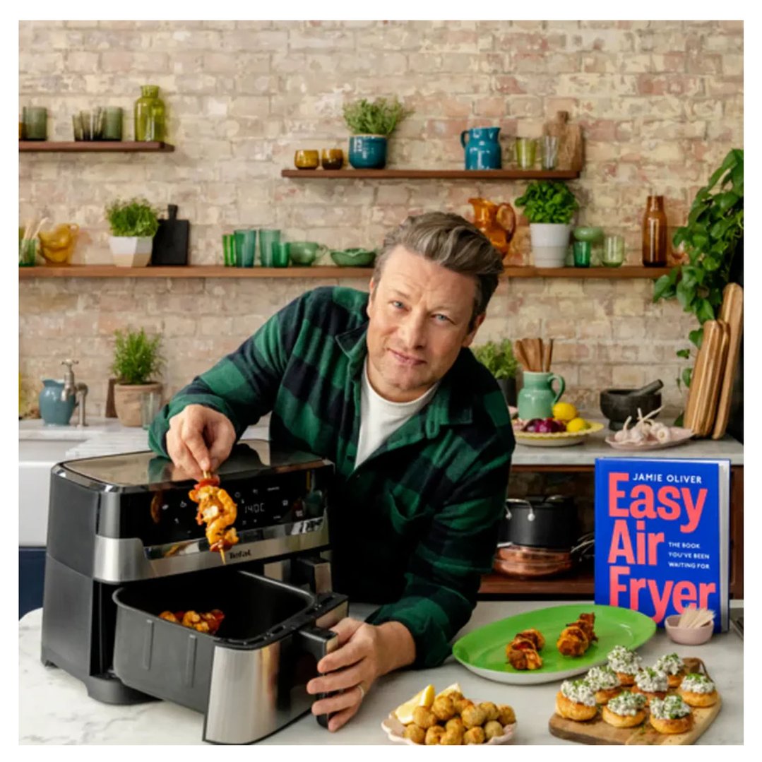 Jamie Oliver with a Tefal Dual Air Fryer in a kitchen setting