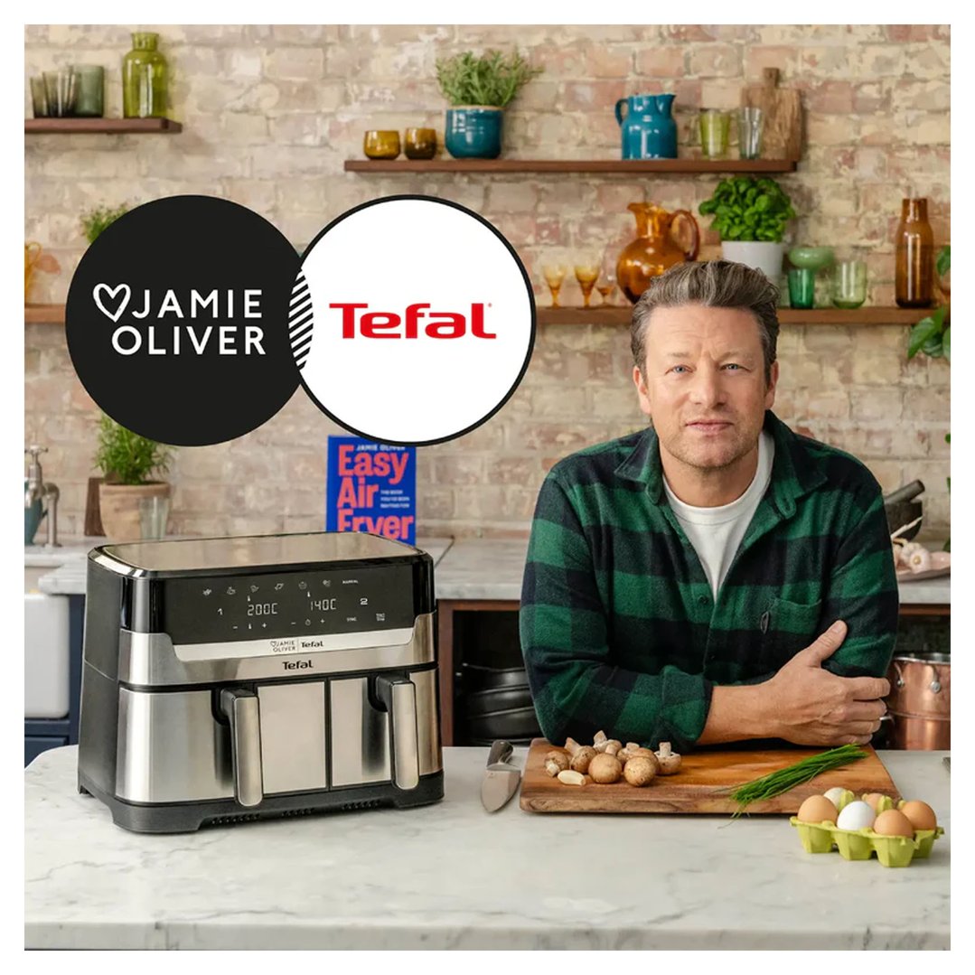 Jamie Oliver and a Tefal dual air fryer on a kitchen counter