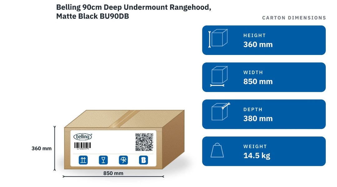 Belling 90cm Deep Undermount Rangehood, Matte Black BU90DB — packaged dimensions