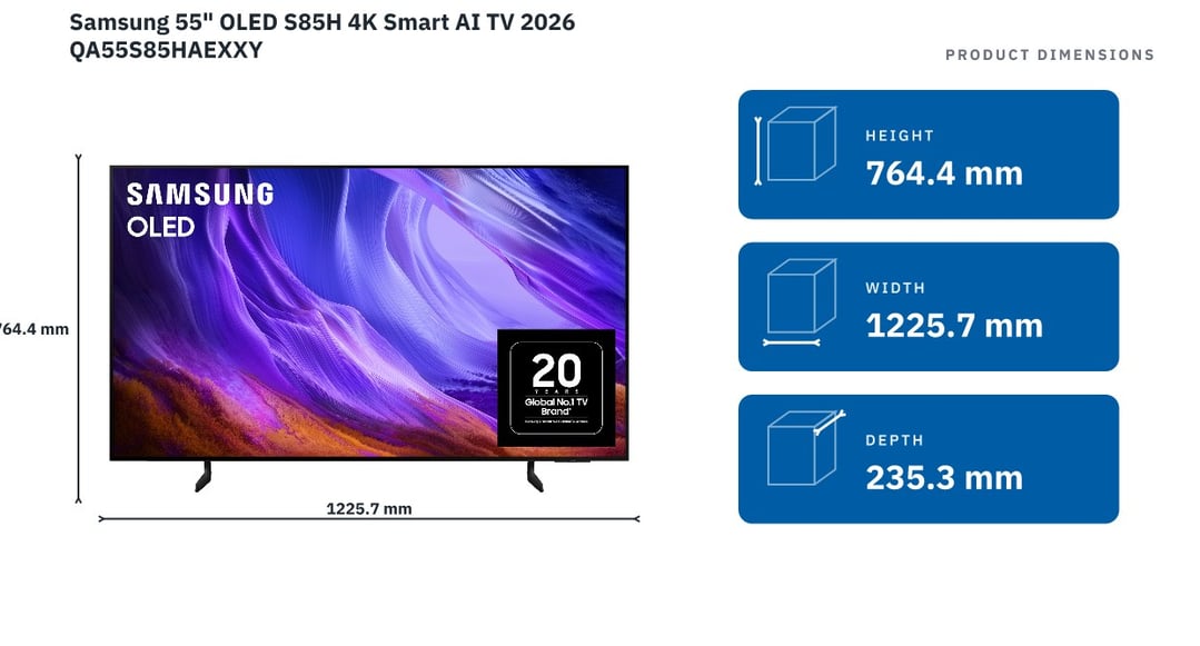 Samsung 55" OLED S85H 4K Smart AI TV 2026 QA55S85HAEXXY — product dimensions