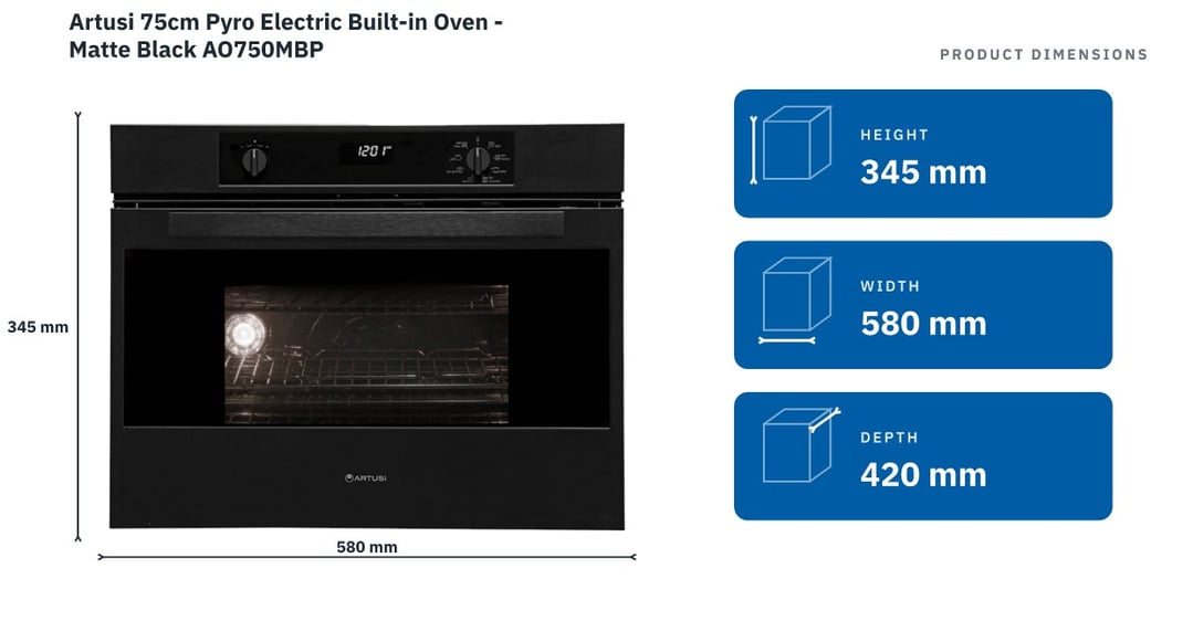 Artusi 75cm Pyro Electric Built-in Oven - Matte Black AO750MBP — product dimensions