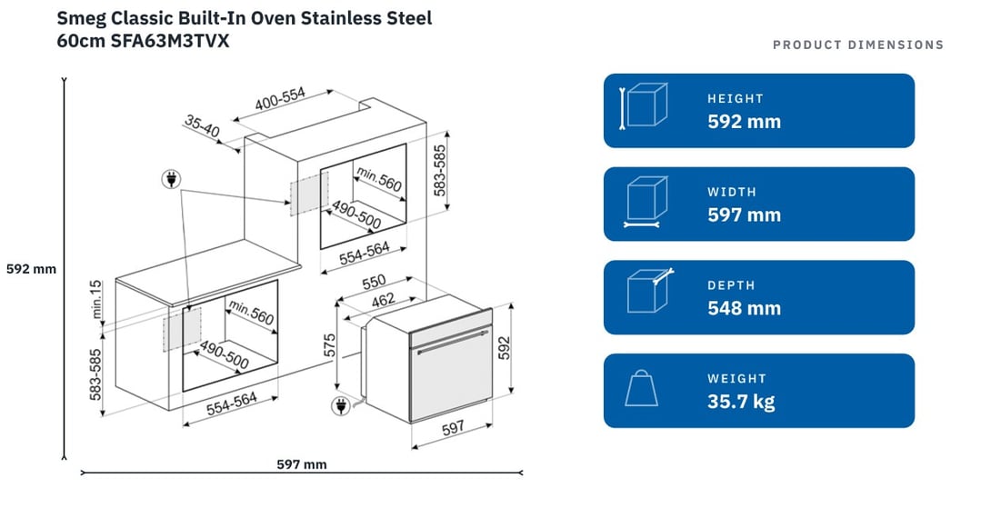 Smeg Classic Built-In Oven Stainless Steel 60cm SFA63M3TVX — product dimensions