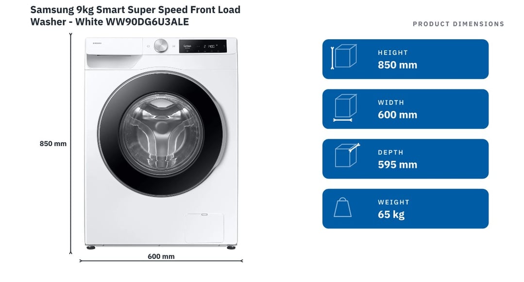 Samsung 9kg Smart Super Speed Front Load Washer - White WW90DG6U3ALE