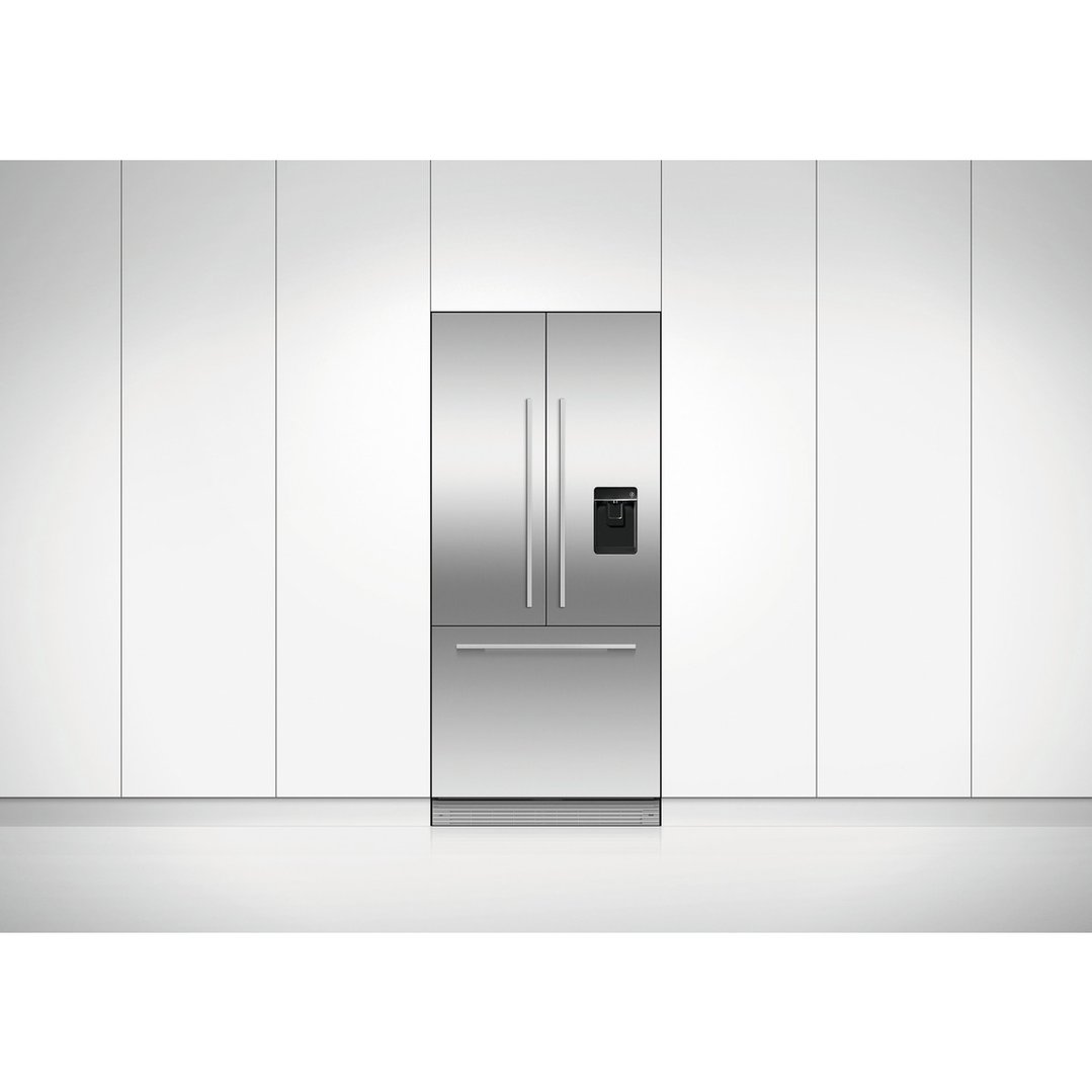 Stainless steel French door refrigerator freezer with ice and water in a white kitchen