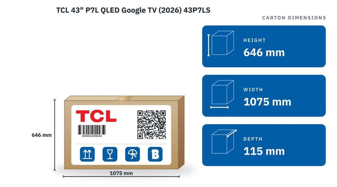 TCL 43" P7L QLED Google TV (2026) 43P7LS — packaged dimensions