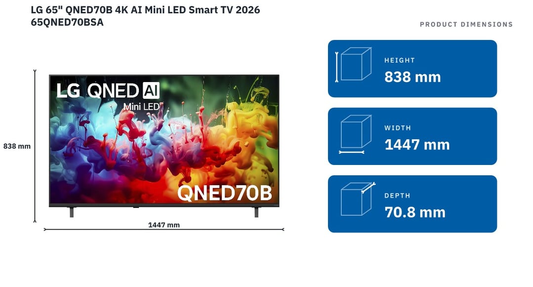 LG 65" QNED70B 4K AI Mini LED Smart TV 2026 65QNED70BSA — product dimensions